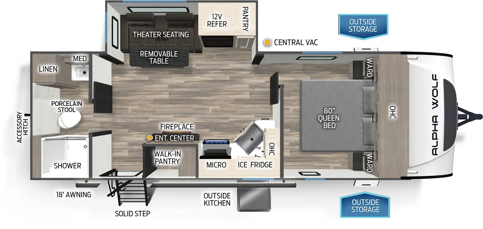 The 22SW has one slide out and one entry. Exterior features an 18 foot awning, SolidStep entry, outside storage, outside kitchen with ice maker and refrigerator, and rear accessory hitch. Interior layout front to the back: foot-facing queen bed with overhead cabinet and wardrobes on each side; off-door side slideout with pantry, 12 volt refrigerator, and theater seating with removable table; kitchen counter starts on inner wall and wraps to door side with sink, overhead cabinet, microwave, cooktop, and entertainment center with fireplace below; walk-in pantry near entry door; rear full bathroom with medicine cabinet, linen closet, and porcelain stool.